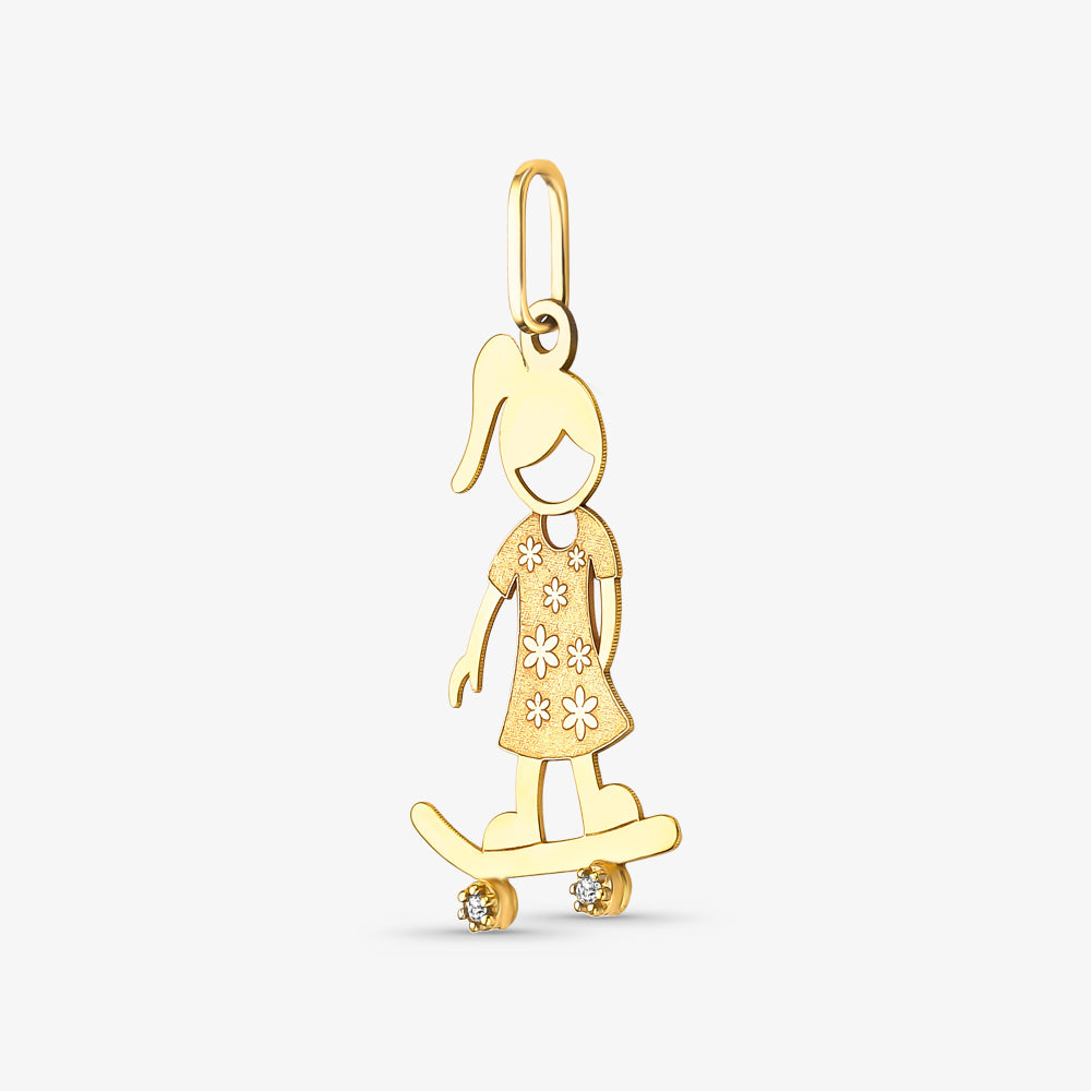 Pingente Menina Skate com Pedras em Ouro Amarelo 18K