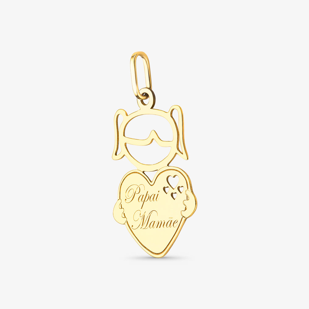 Pingente Menina Coração em Ouro Amarelo 18K