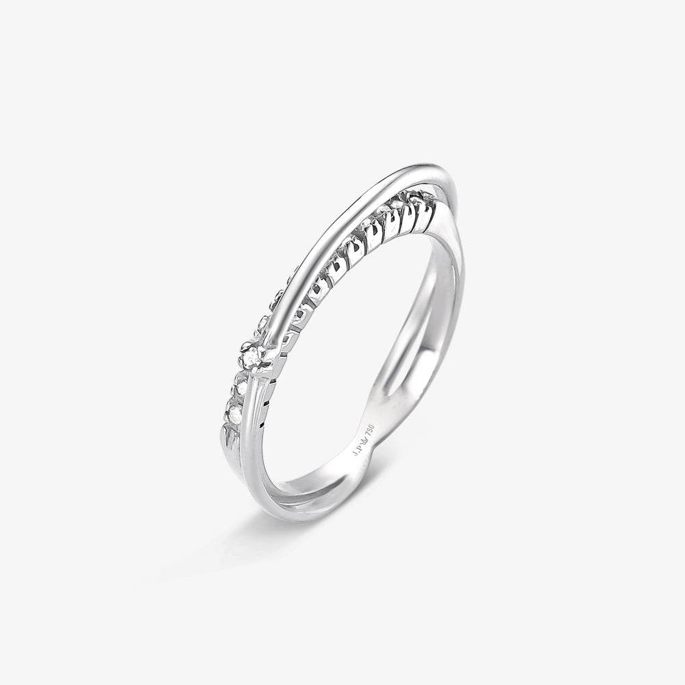 Anel Sol Duplo Solitário com Meia Aliança e Diamantes em Ouro Branco 18K