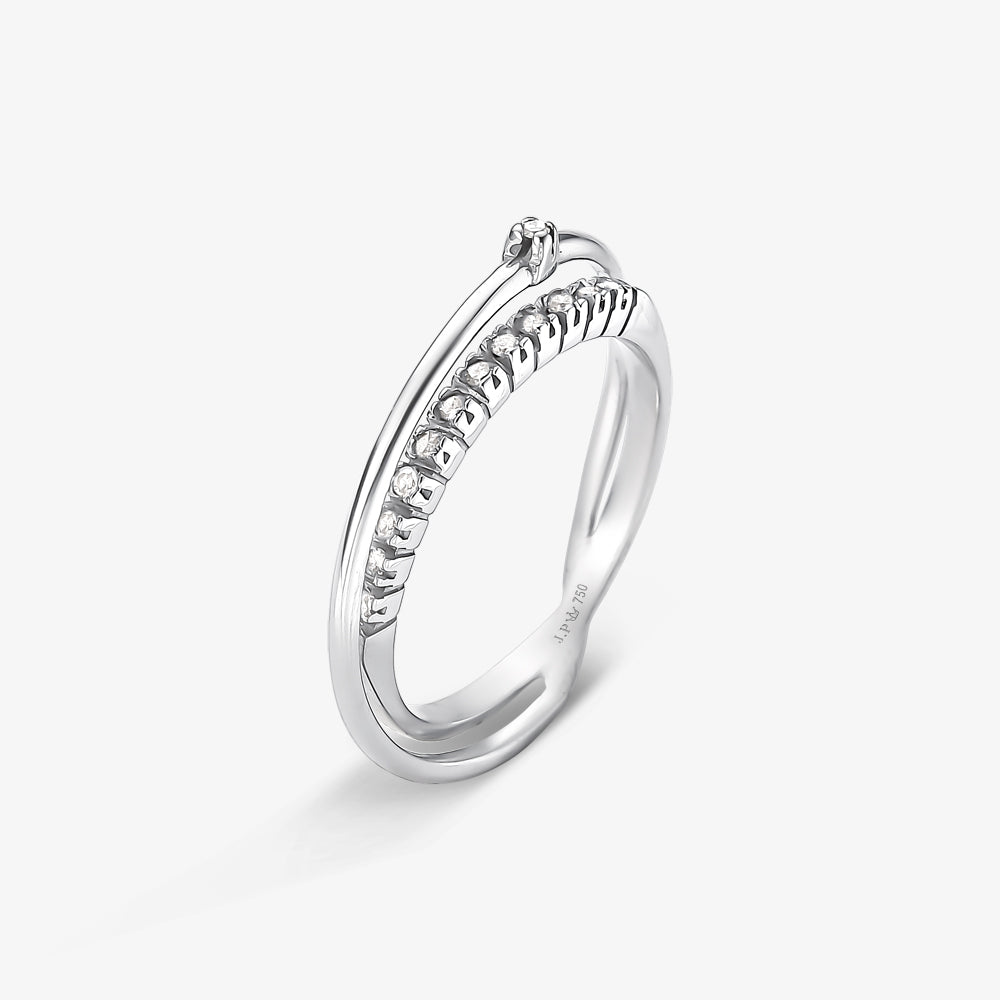 Anel Sol Duplo Solitário com Meia Aliança e Diamantes em Ouro Branco 18K