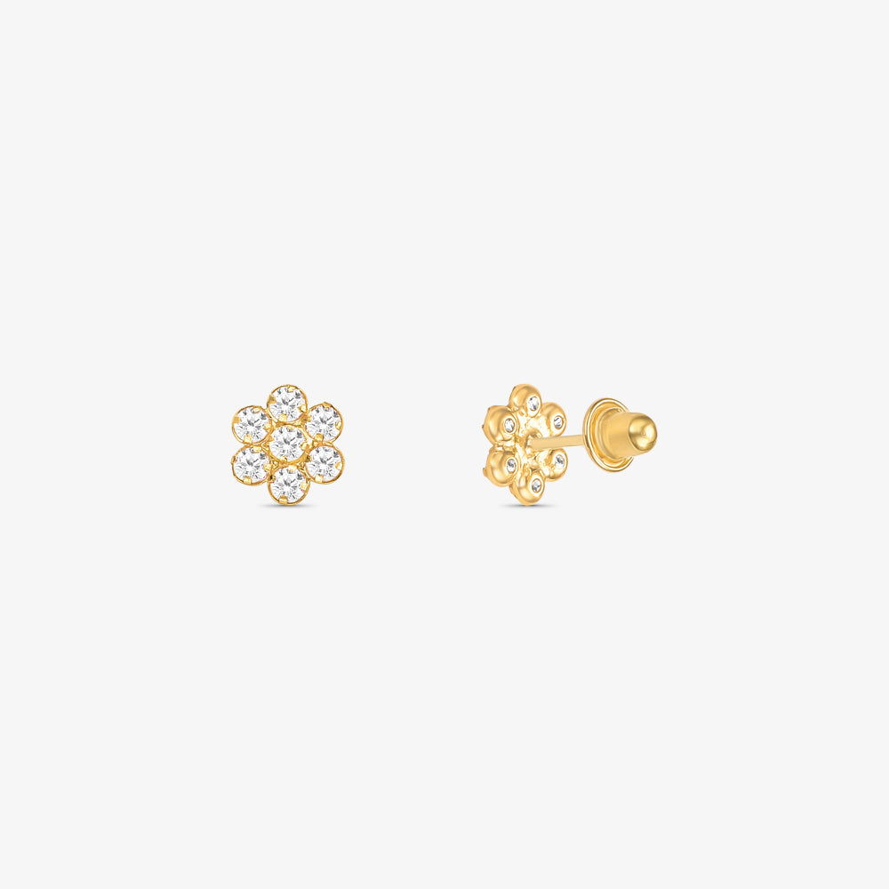 Brinco Flor Baby com Pedras Branca em Ouro Amarelo 18K