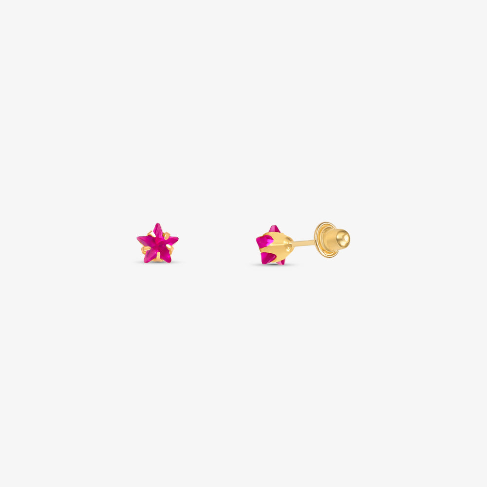 Brinco Baby Estrela com Pedra Rosa Pink em Ouro Amarelo 18K