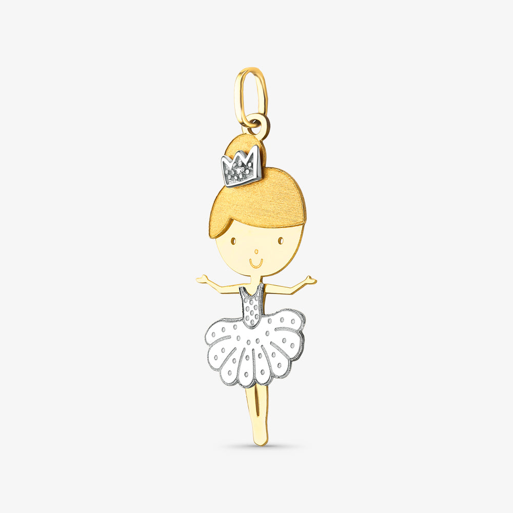 Pingente Bailarina com Coroa Bicolor e Pedras em Ouro 18K