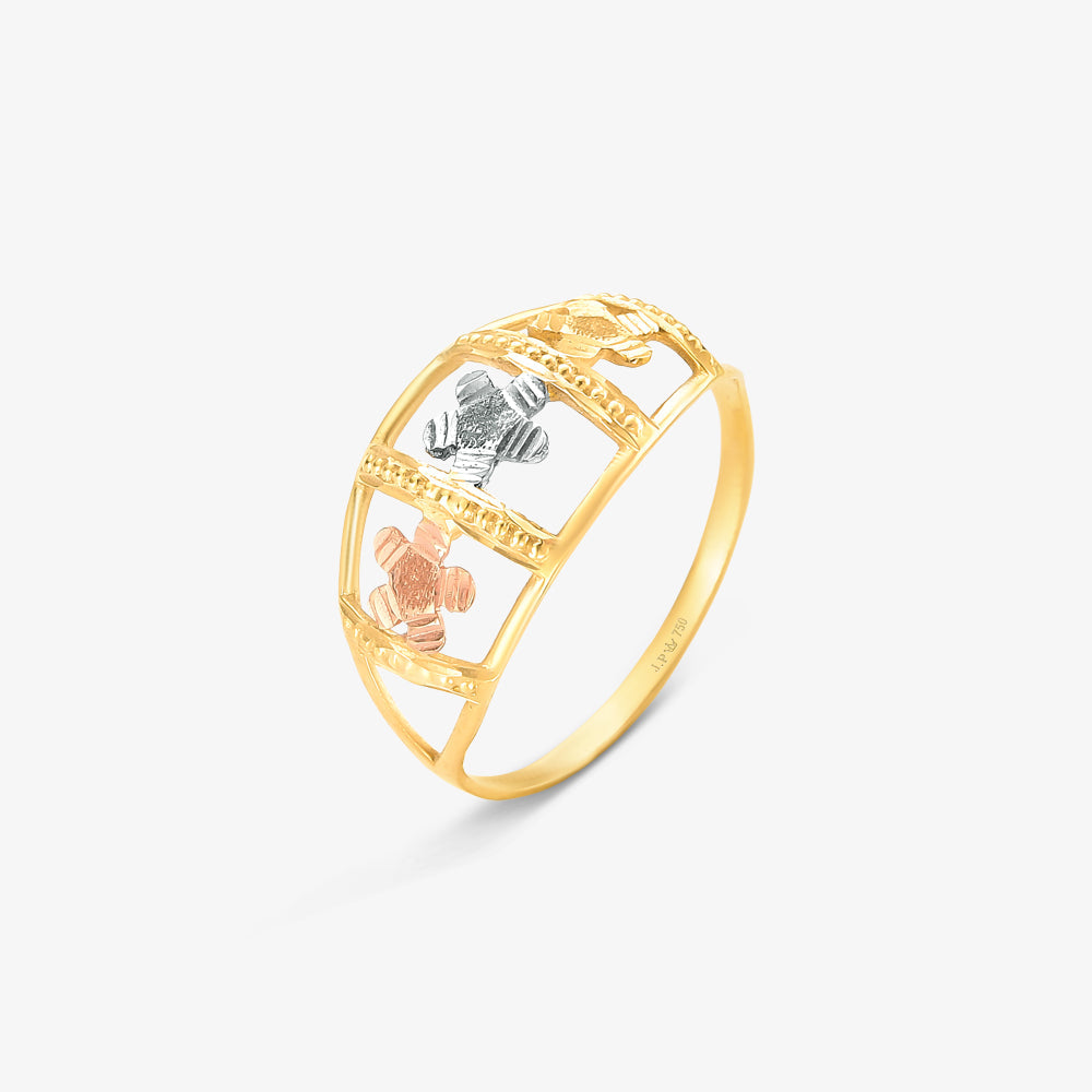 Anel Estamparia Vazado Flor Tricolor em Ouro Amarelo 18K