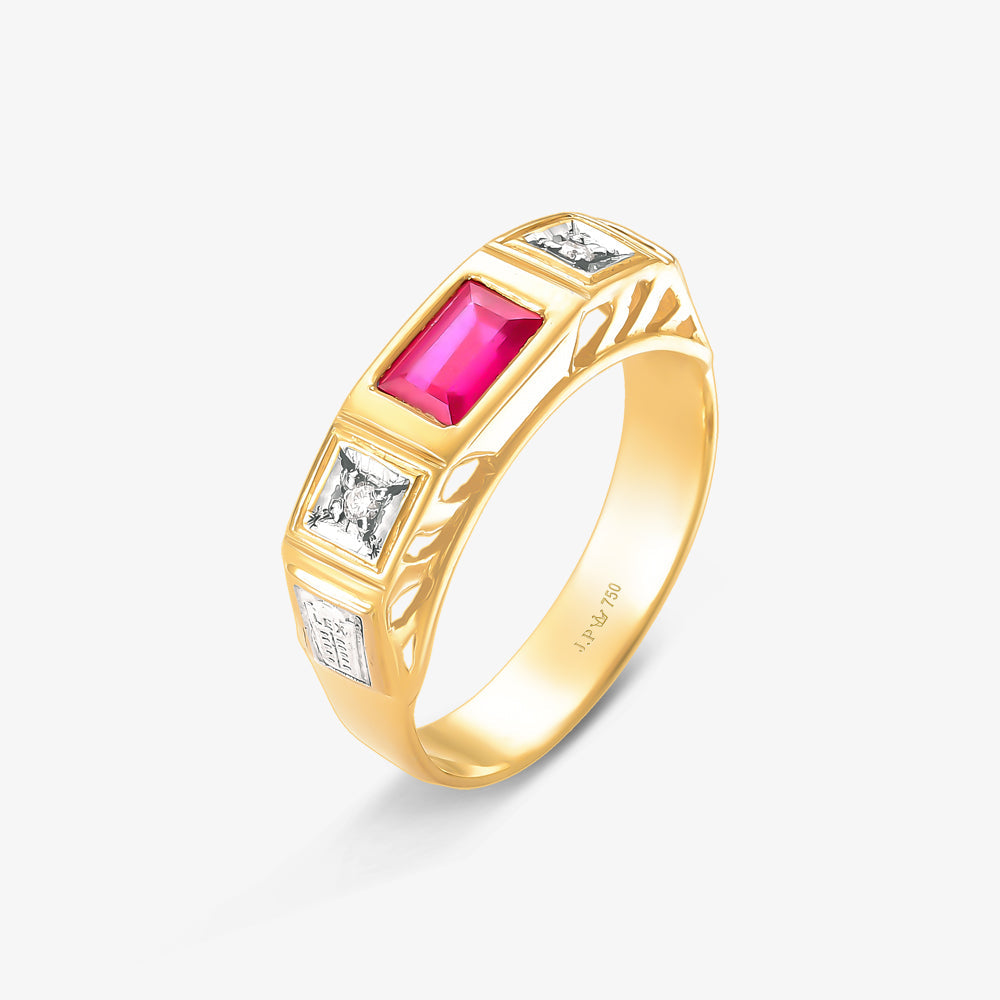 Anel Rei com Diamante e Rubi Natural em Ouro Amarelo 18K