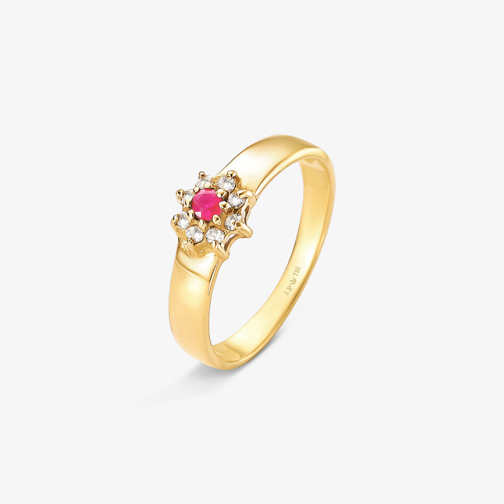 Anel Radiante com Diamantes e Rubi Natural em Ouro Amarelo 18K