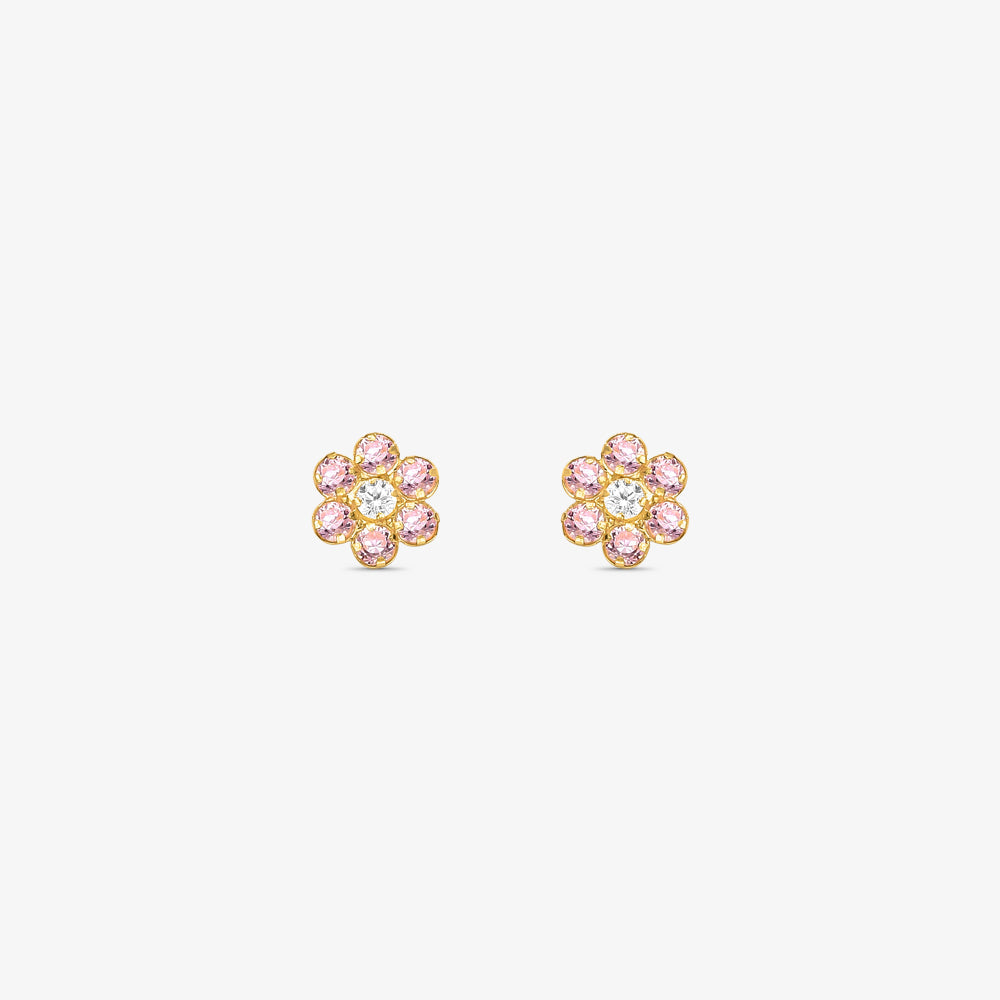 Brinco Flor Baby com Pedras Rosa em Ouro Amarelo 18K