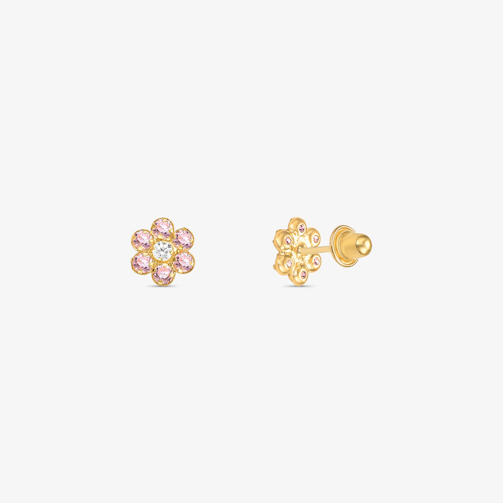 Brinco Flor Baby com Pedras Rosa em Ouro Amarelo 18K