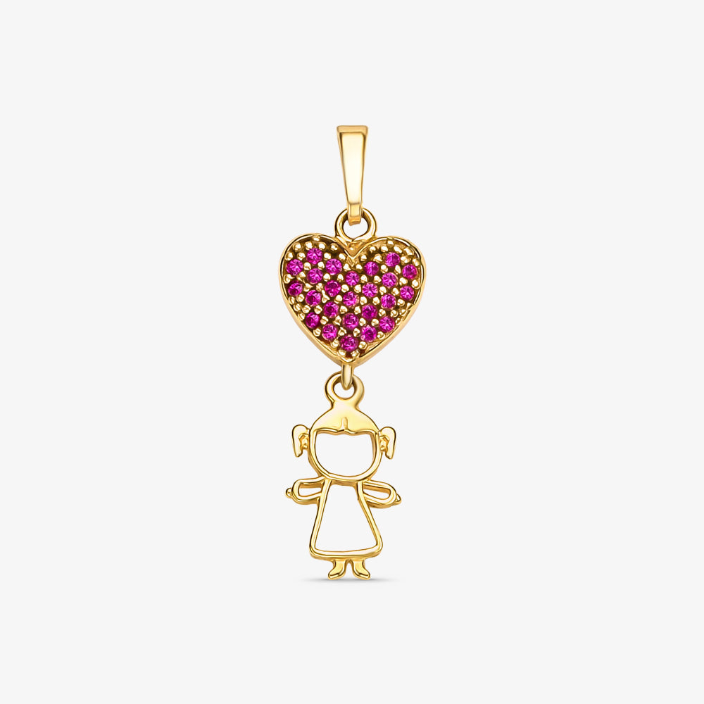 Pingente Menina com Coração com Pedras em Ouro Amarelo 18K