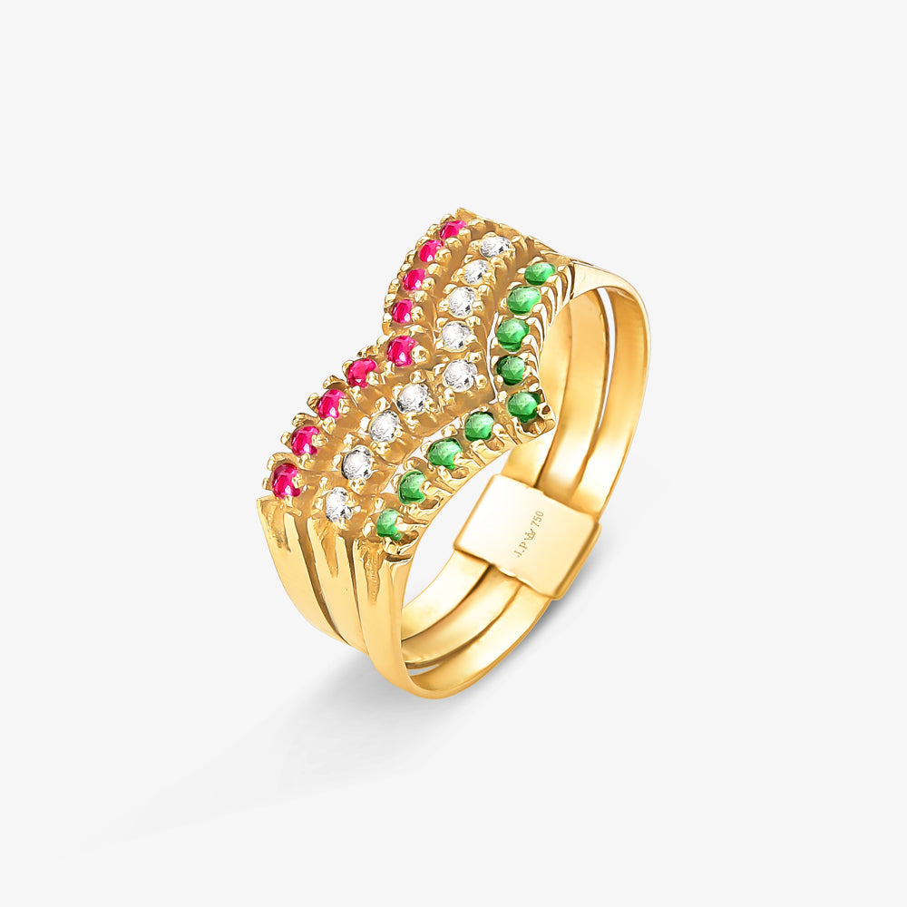 Anel MRV com Esmeraldas, Diamantes e Rubis Naturais em Ouro Amarelo 18K