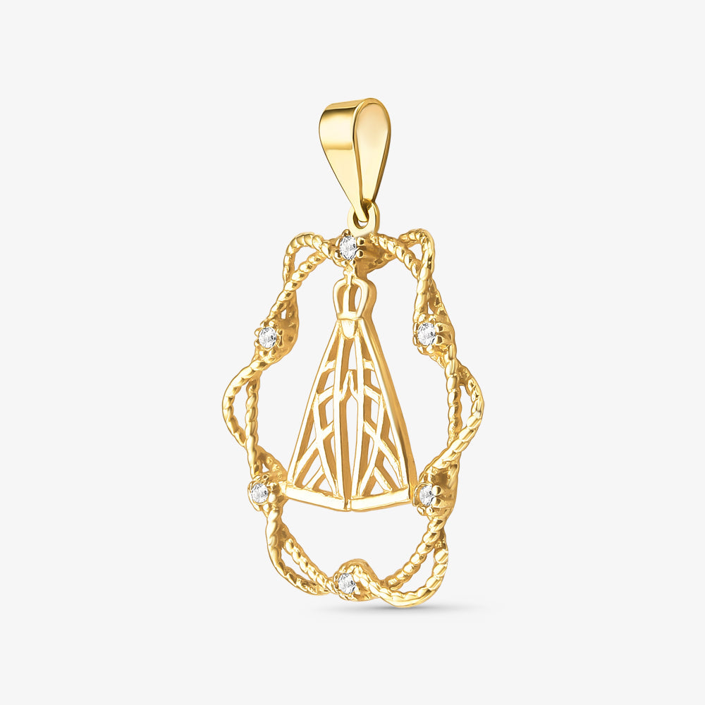 Pingente Nossa Senhora Aparecida Vazado com Aro com Pedras em Ouro Amarelo 18K
