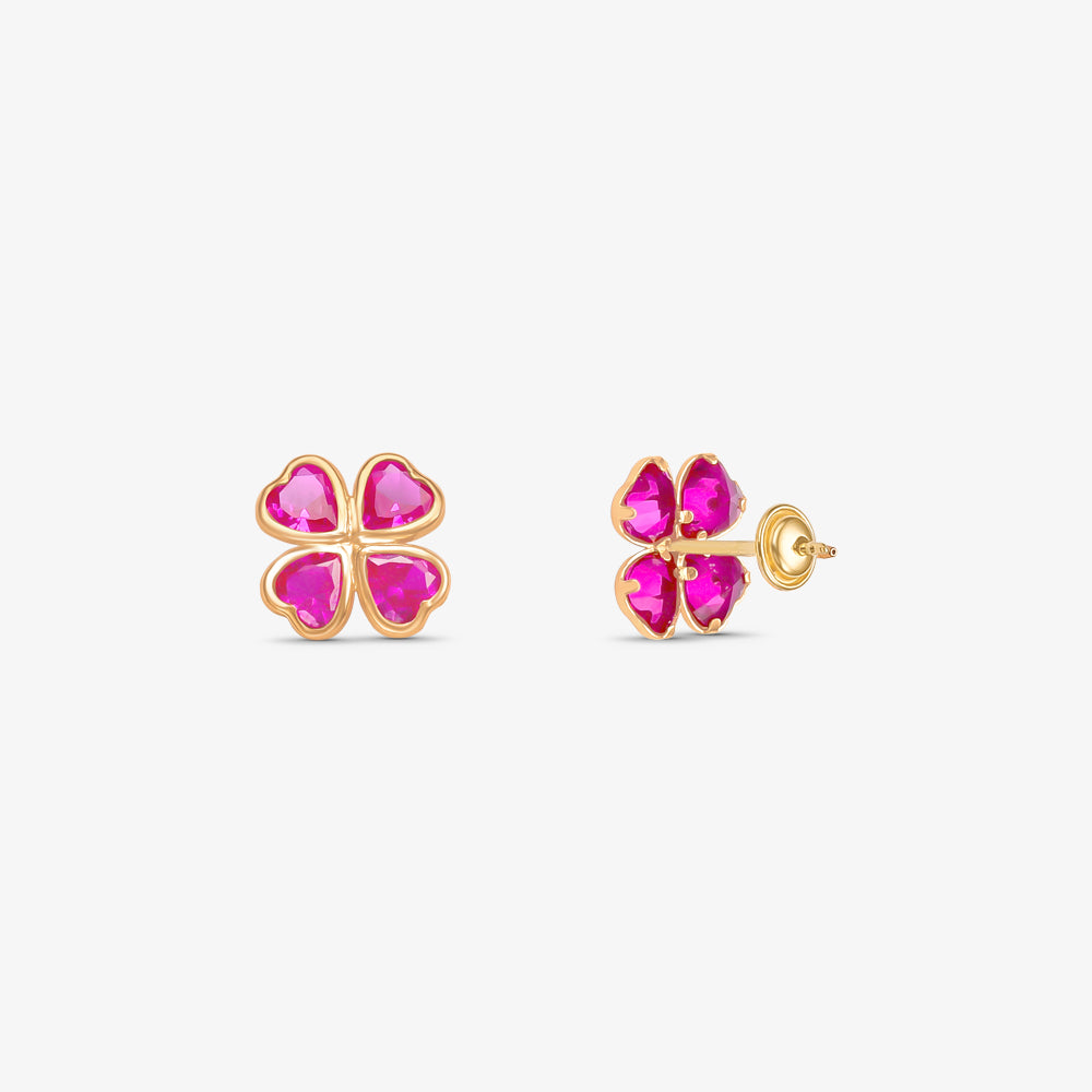 Brinco Trevo com Pedra Rosa Pink em Ouro Amarelo 18K