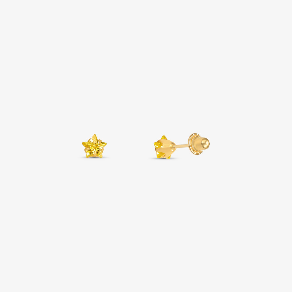 Brinco Baby Estrela com Pedra Amarela em Ouro Amarelo 18K