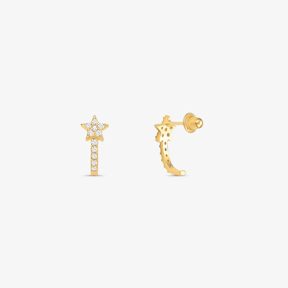 Brinco Meia Argola com Pedras Branca Estrela em Ouro Amarelo 18K