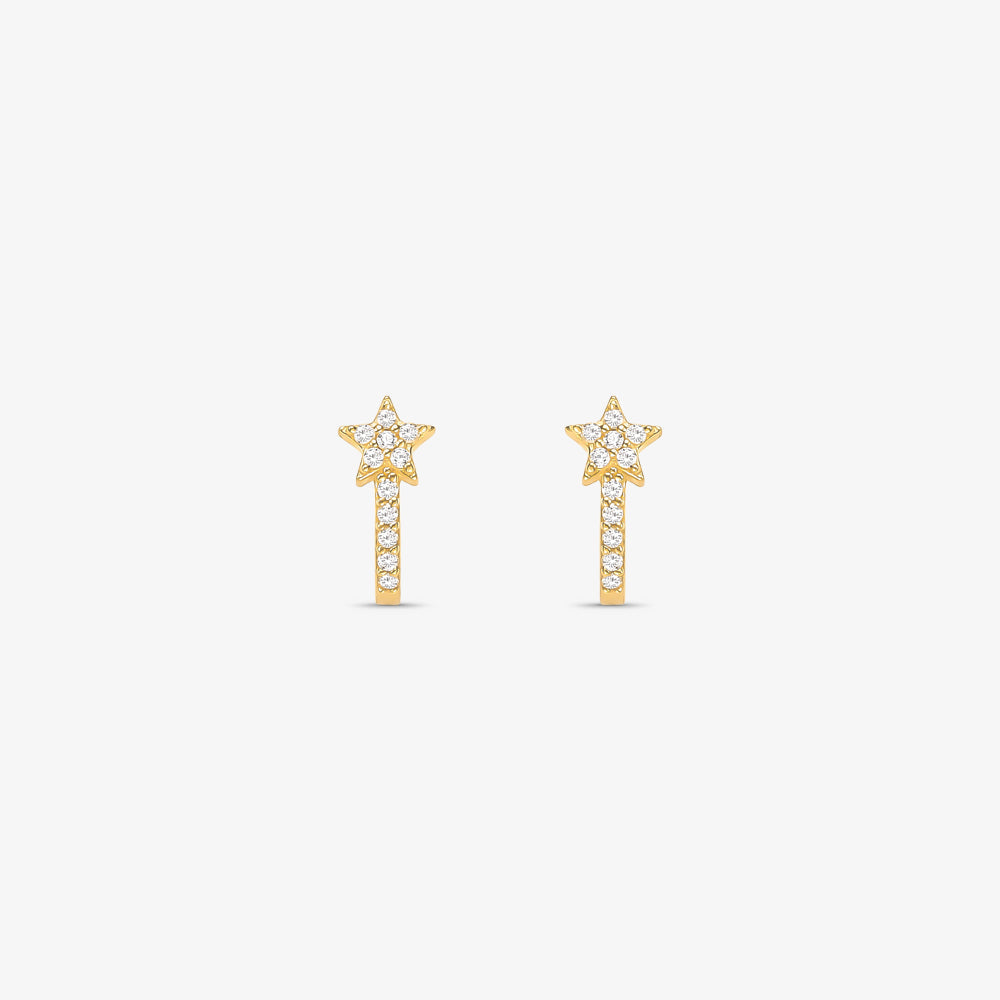 Brinco Meia Argola com Pedras Branca Estrela em Ouro Amarelo 18K
