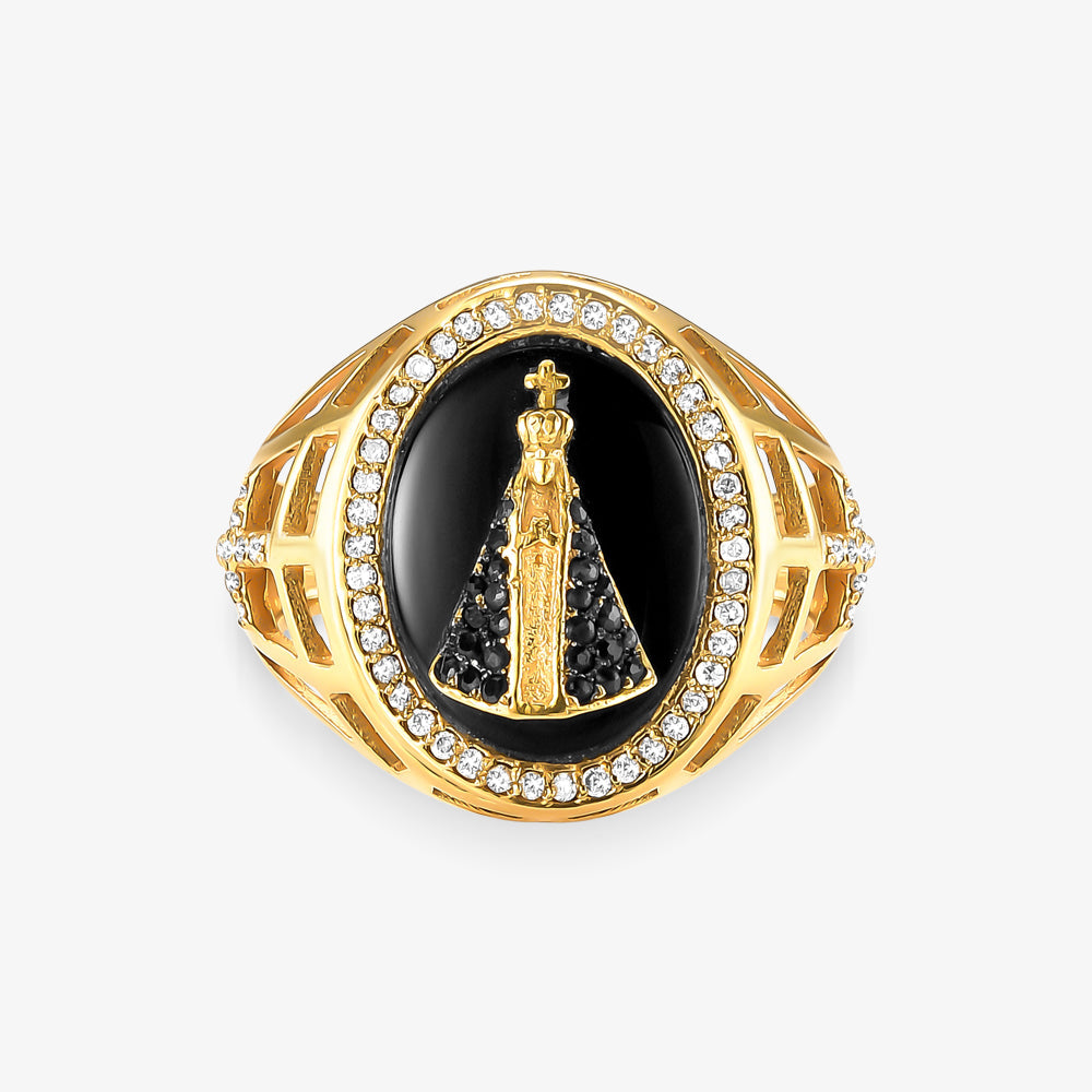 Anel N.Sra Aparecida com Diamante e Onix Naturais em Ouro Amarelo 18K