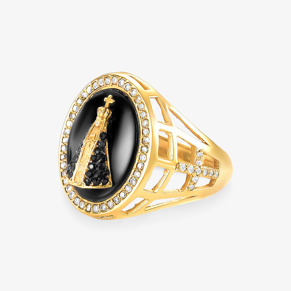 Anel N.Sra Aparecida com Diamante e Onix Naturais em Ouro Amarelo 18K