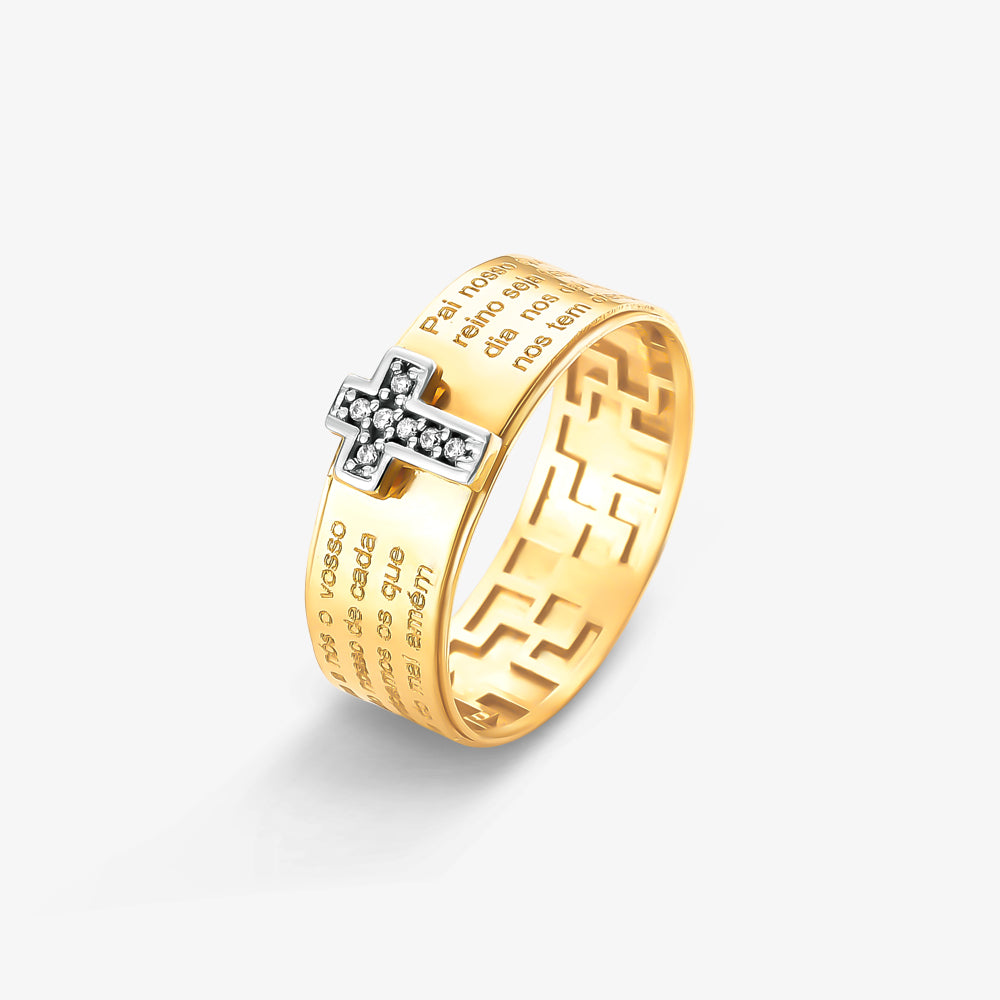 Anel Pai Nosso Cruz em Ouro Amarelo 18K