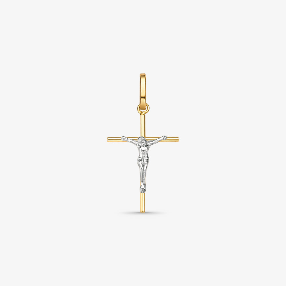 Pingente Cruz Palito I com Cristo Bicolor em Ouro 18K