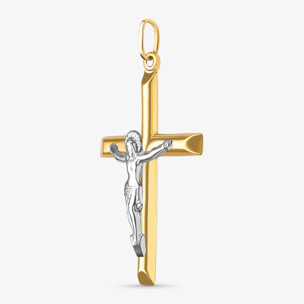 Pingente Cruz Grande Lisa com Cristo em Ouro Bicolor 18K