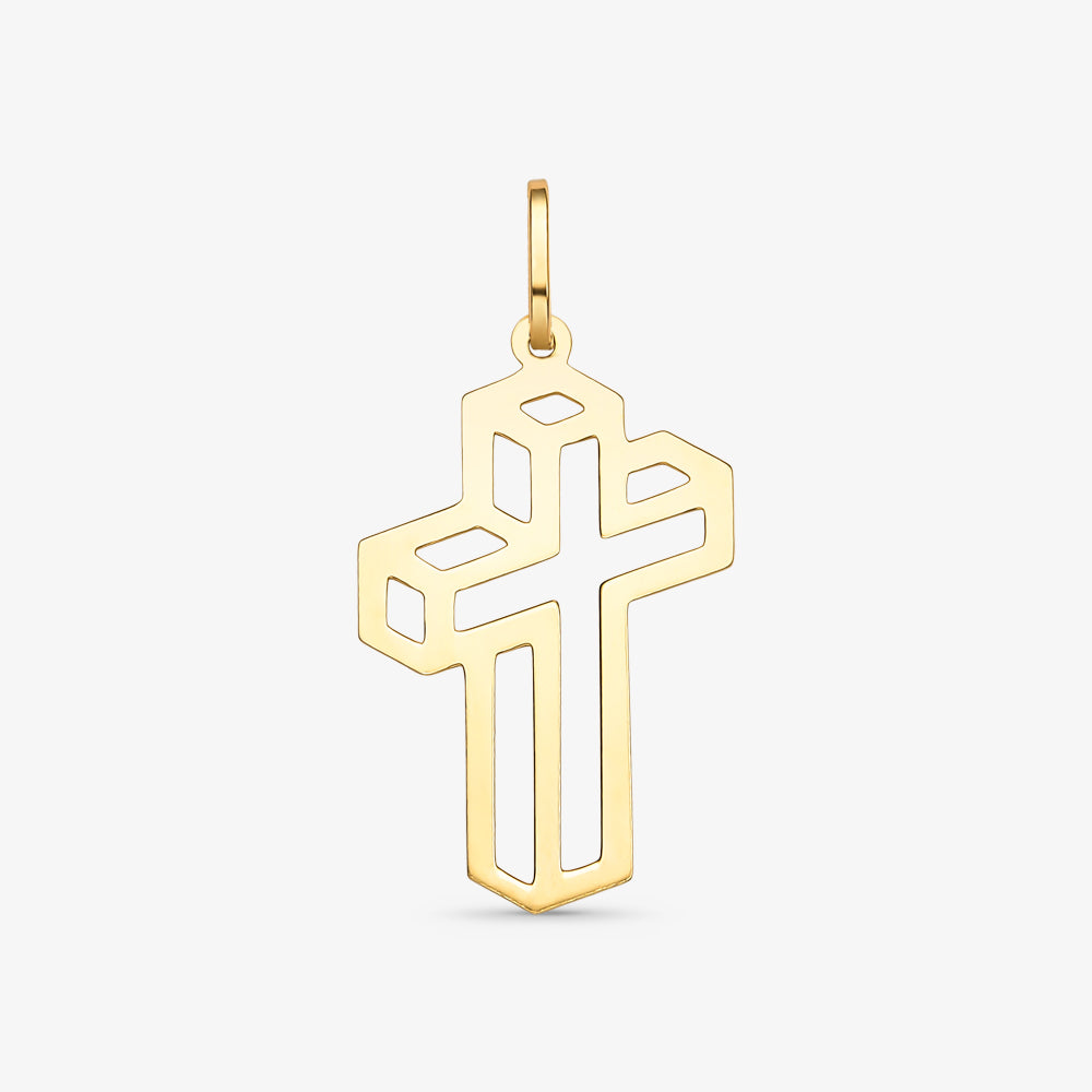 Pingente Cruz 3D Média Vazado em Ouro Bicolor 18K