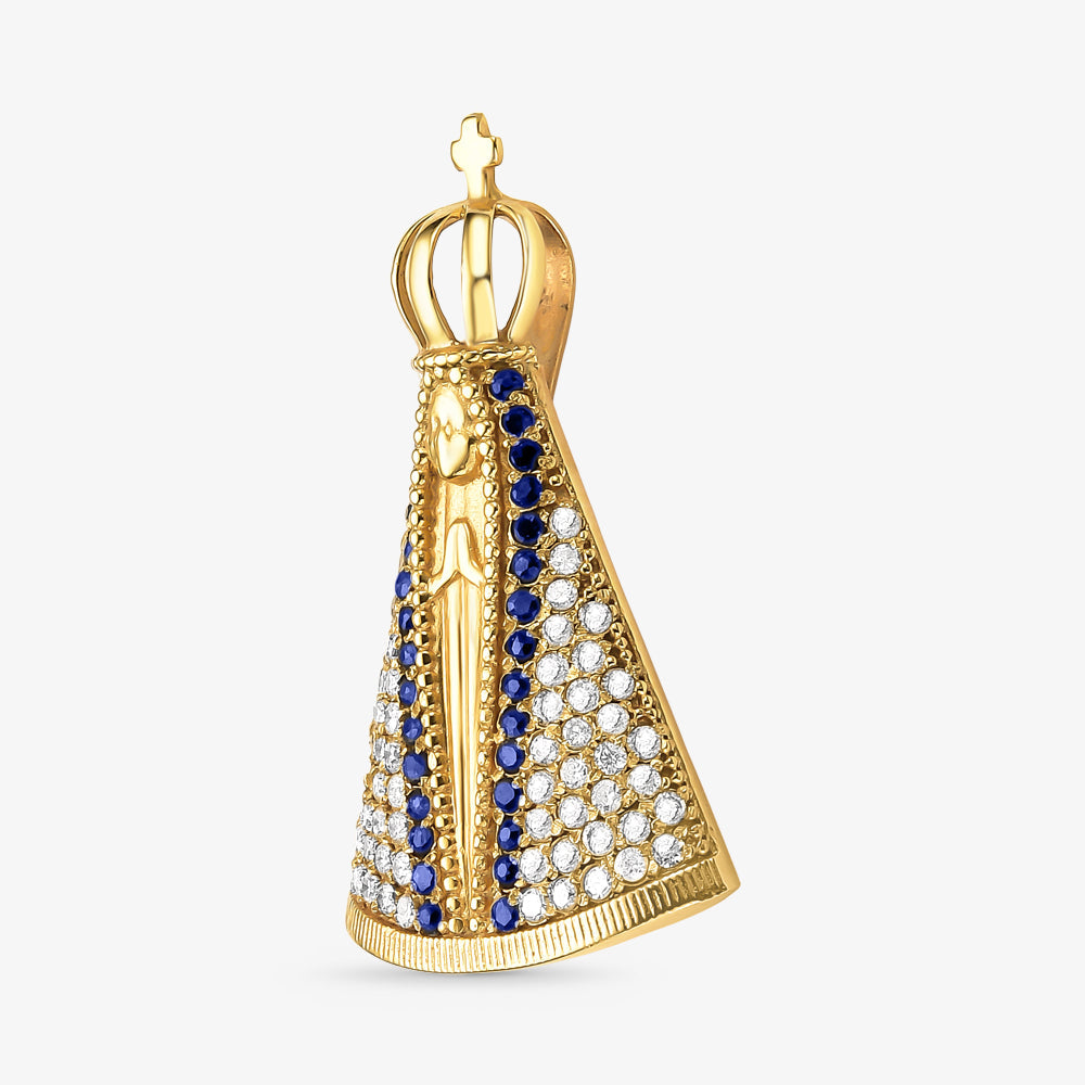Pingente Nossa Senhora Aparecida com Diamantes e Safiras Naturais em Ouro Amarelo 18K