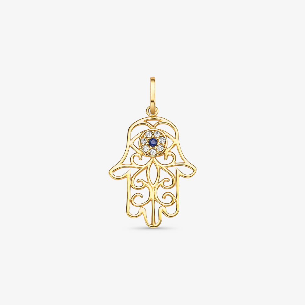 Pingente Mão de Fatima e Olho Grego com Diamantes e Safira Natural em Ouro Amarelo 18K
