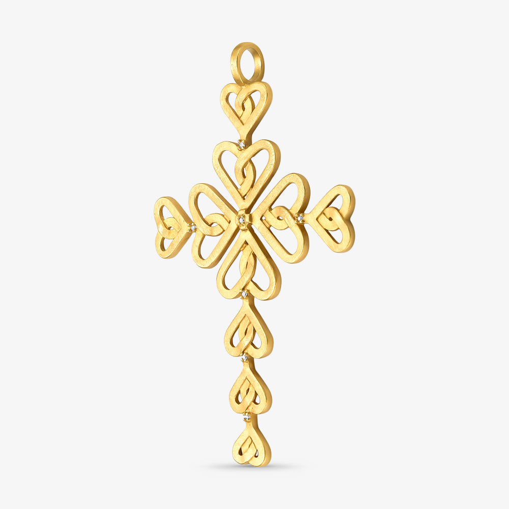 Pingente Cruz Corações com Diamantes em Ouro Amarelo 18K