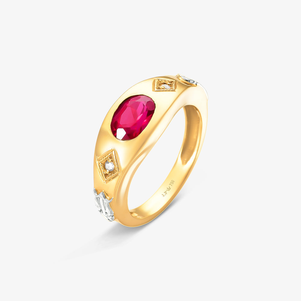 Anel de Formatura LX com Diamante e Rubi Natural em Ouro Amarelo 18K