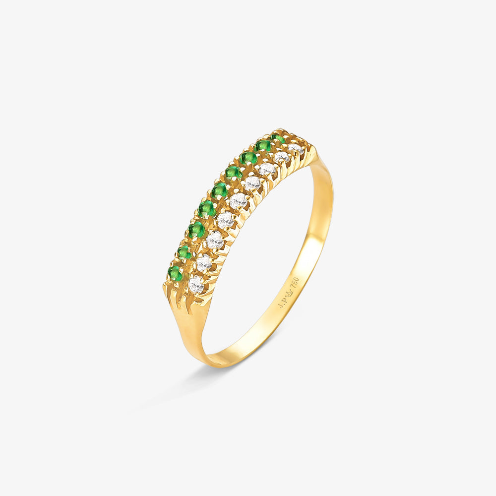 Anel Viga com Diamantes e Esmeraldas Naturais em Ouro Amarelo 18K