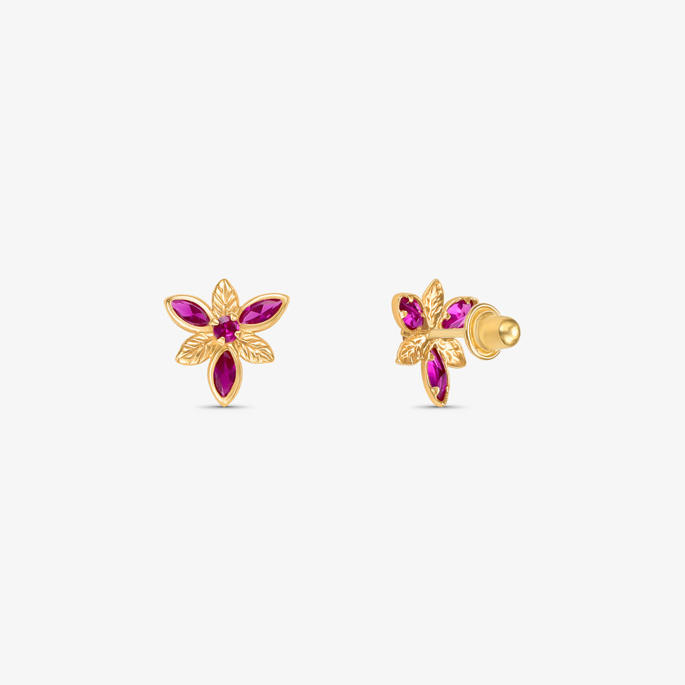 Brinco Flor com Pedras Rosa em Ouro Amarelo 18K