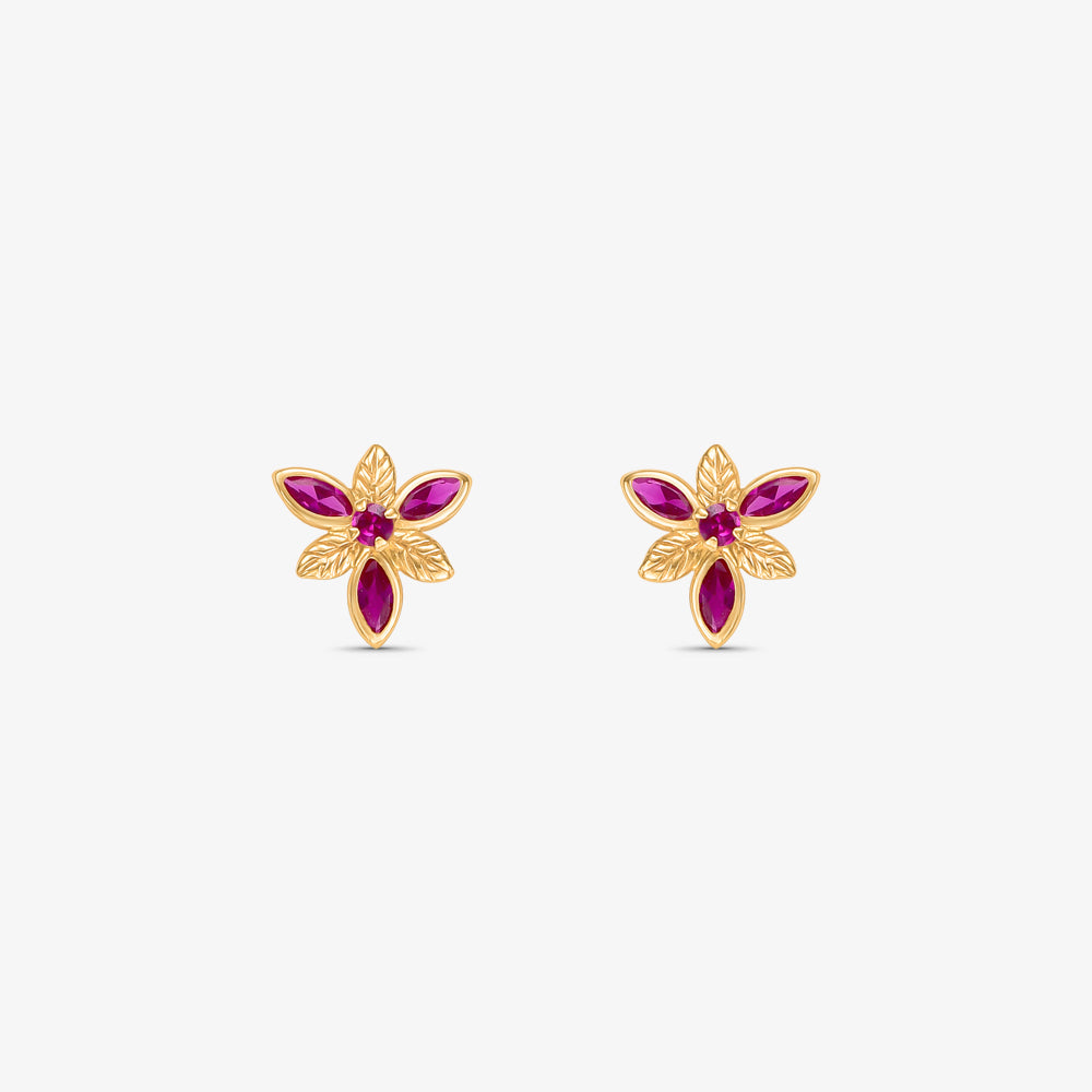 Brinco Flor com Pedras Rosa em Ouro Amarelo 18K