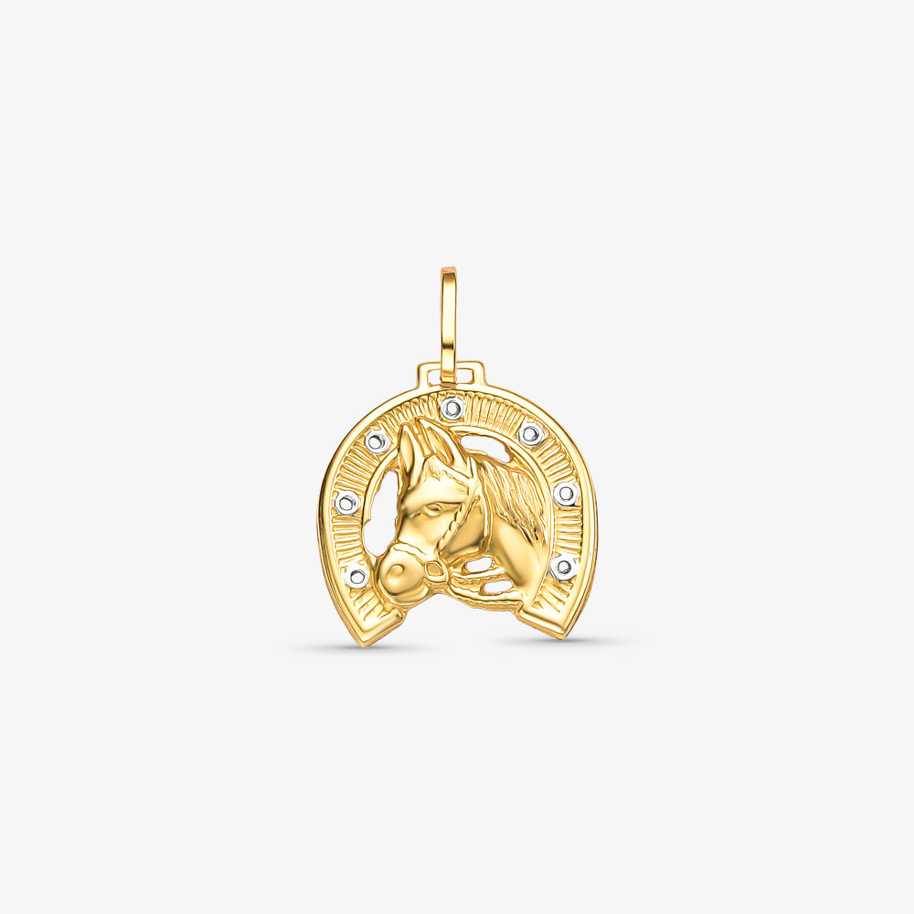 Pingente Cavalo com Ferradura Pequeno em Ouro Amarelo 18K