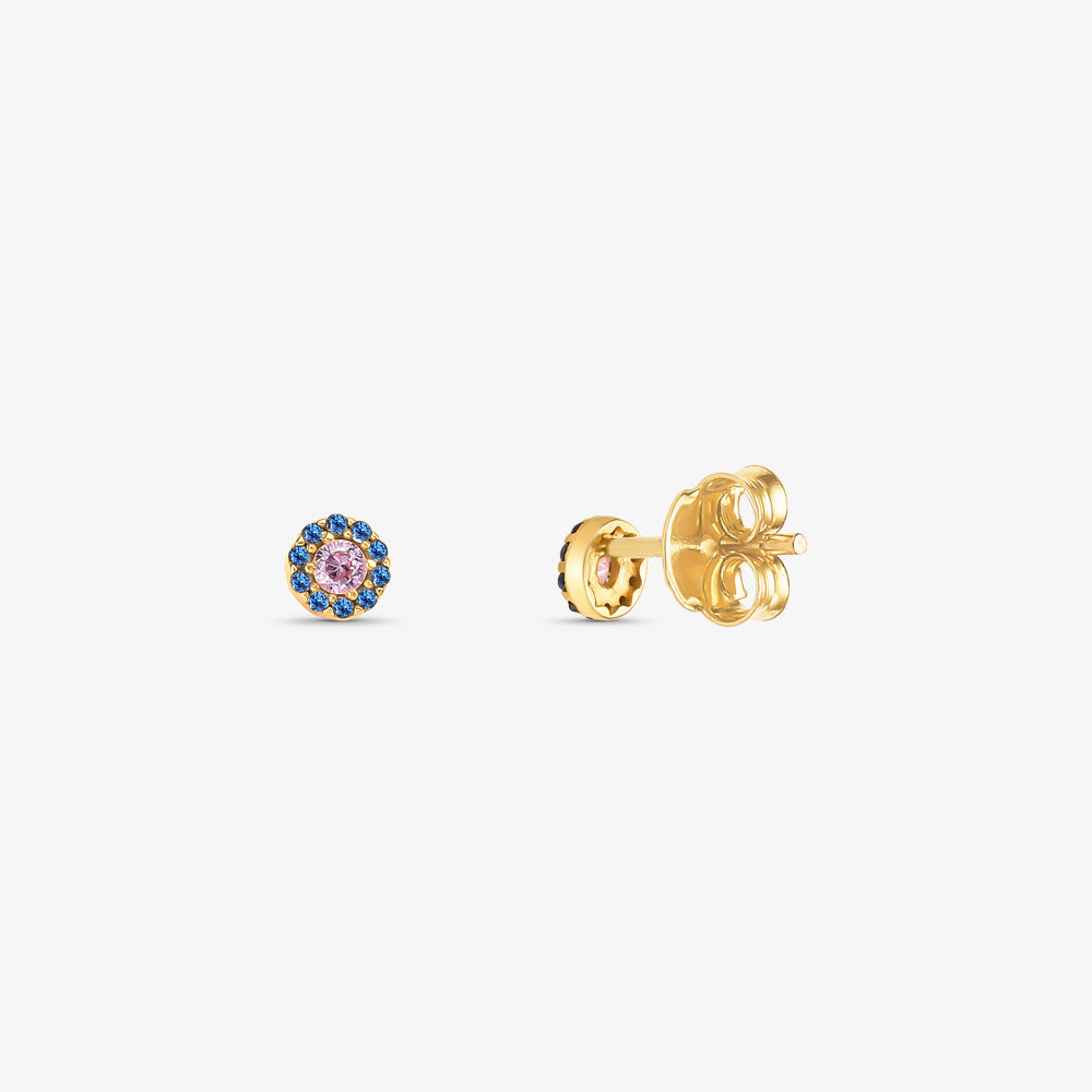 Brinco com Pedras Azul e Rosa em Ouro Amarelo 18K