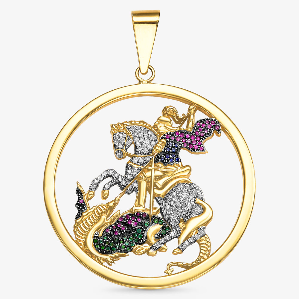 Pingente São Jorge com Diamantes, Rubis e Esmeraldas em Ouro Amarelo 18K