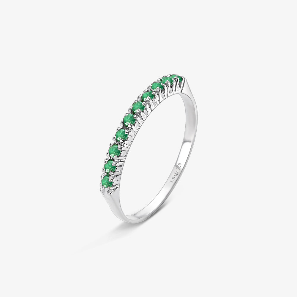 Anel Meia Aliança Aurea com Esmeraldas Naturais em Ouro Branco 18K