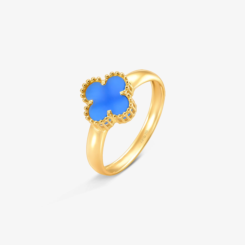 Anel Trevo Azul Escuro em Ouro Amarelo 18K