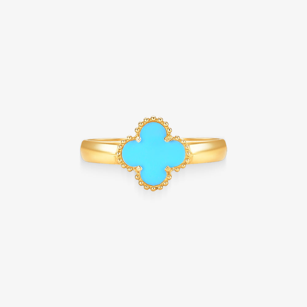 Anel Trevo Azul Claro em Ouro Amarelo 18K