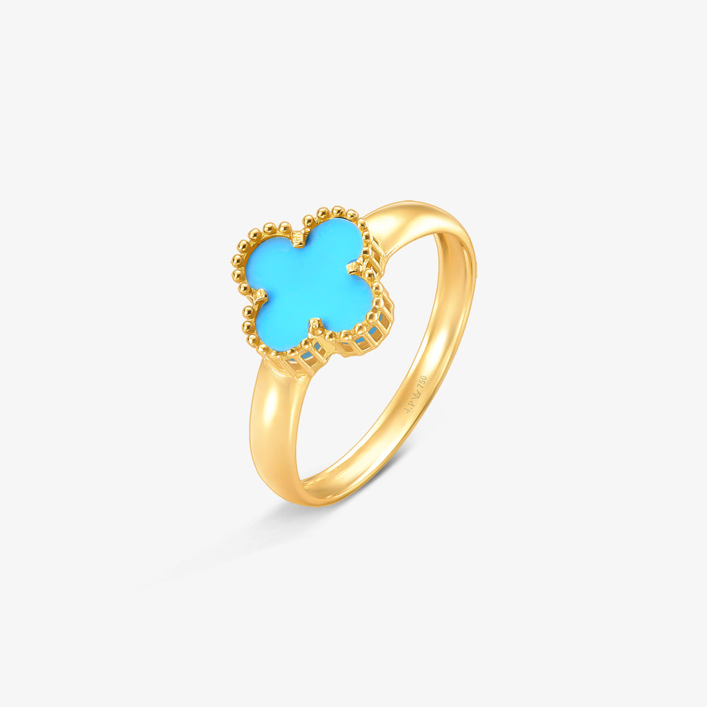 Anel Trevo Azul Claro em Ouro Amarelo 18K