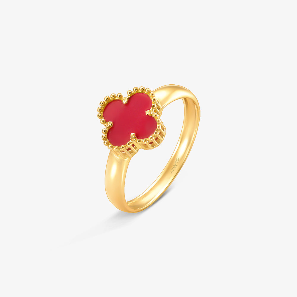 Anel Trevo Vermelha em Ouro Amarelo 18K