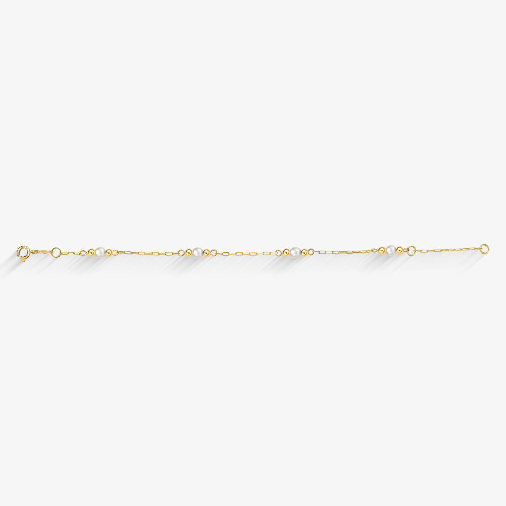 Pulseira Infantil 2 Bolas com Pérolas Naturais em Ouro Amarelo 18K