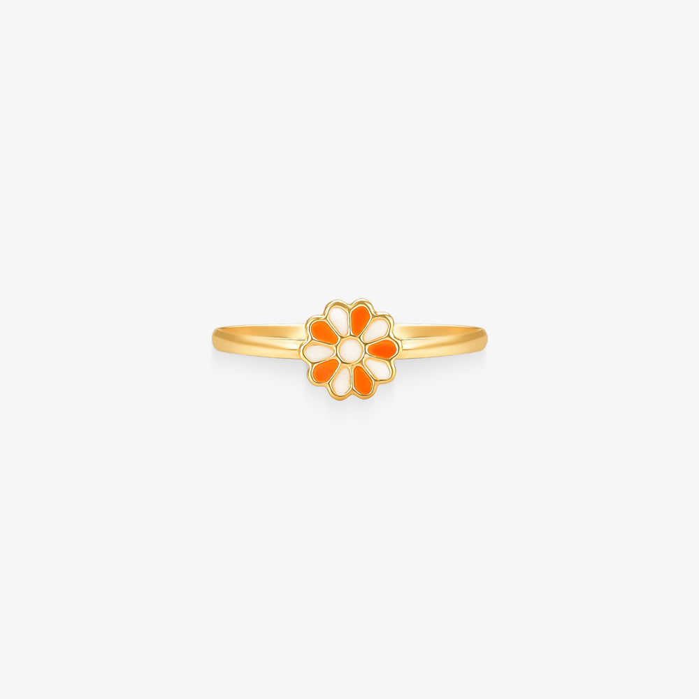 Anel Infantil Flor Branca e Laranja em Ouro Amarelo 18K