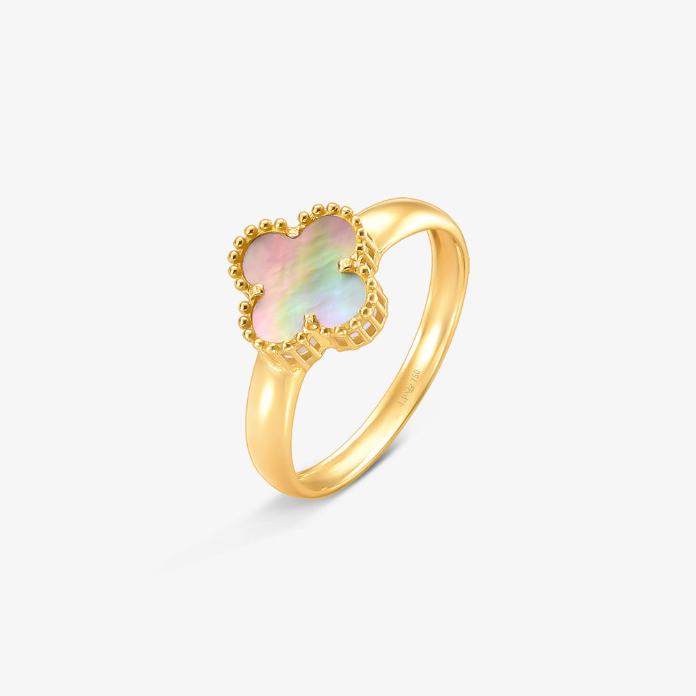 Anel Trevo Madre Pérola Cinza em Ouro Amarelo 18K