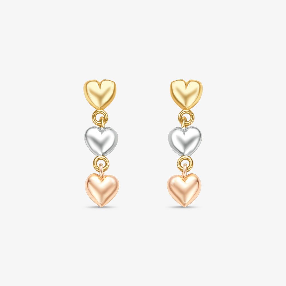 Brinco Pendente Corações Tricolor em Ouro 18K