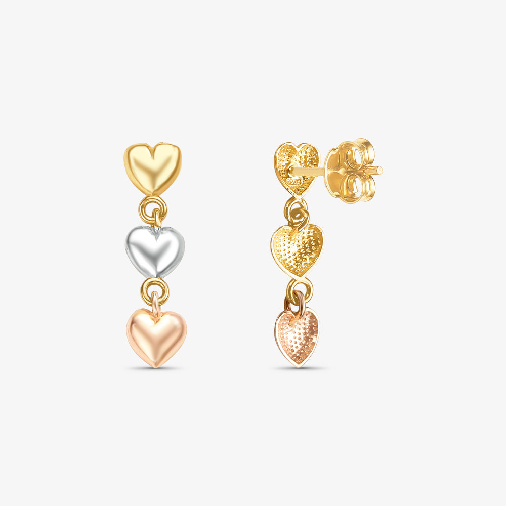 Brinco Pendente Corações Tricolor em Ouro 18K