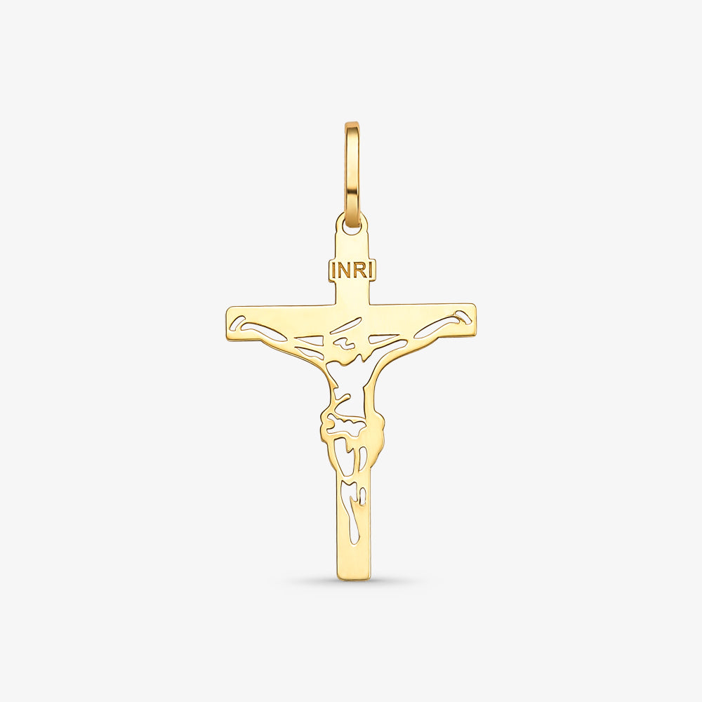 Pingente Cruz com Cristo Vazado INRI em Ouro Amarelo 18K