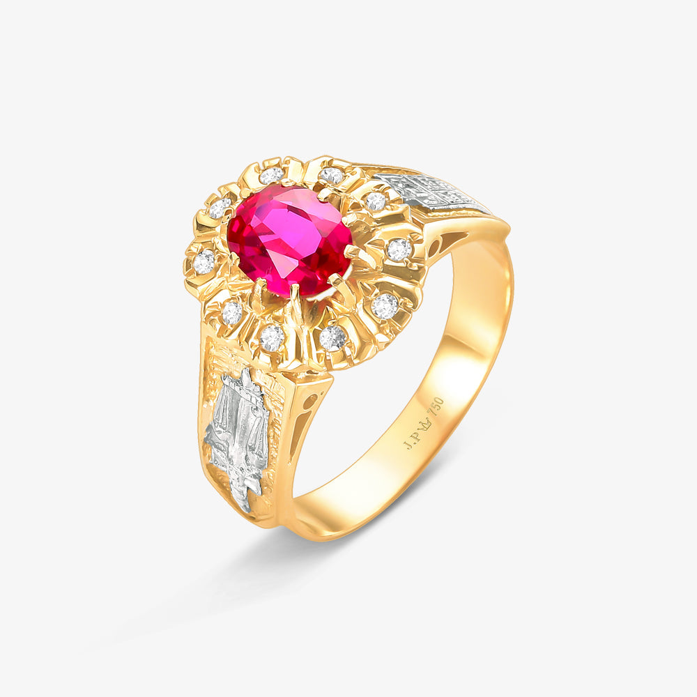 Anel Triunfo com Diamantes e Rubi Natural em Ouro Amarelo 18K
