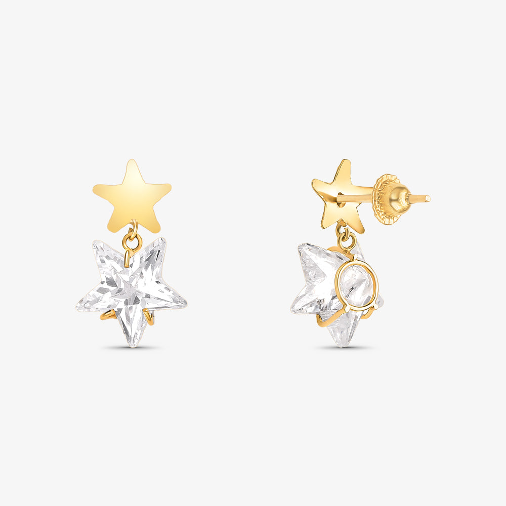 Brinco Estrela com Pedras Pendurado em Ouro Amarelo 18K