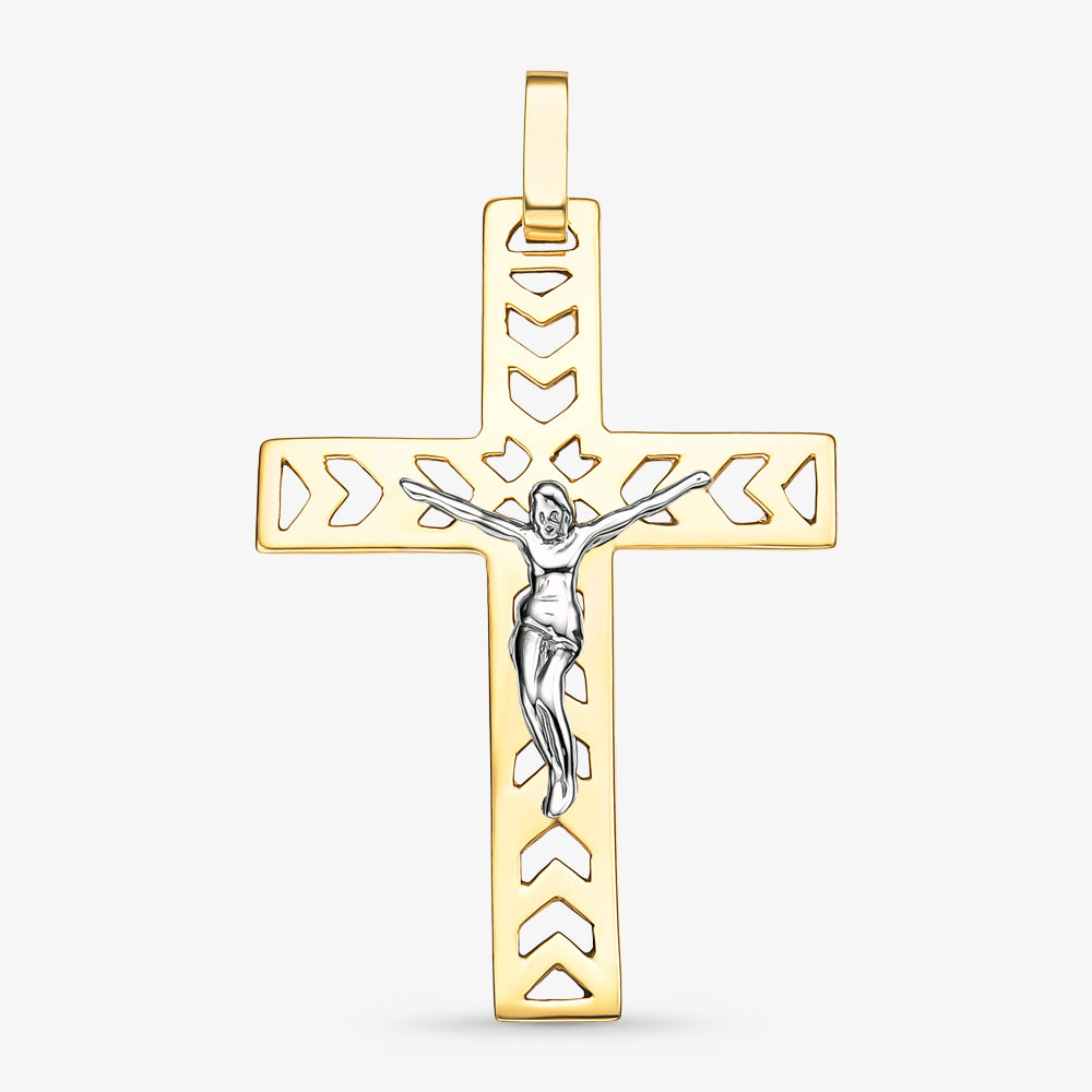 Pingente Cruz com Cristo Bicolor Trabalhada em Ouro Amarelo 18K