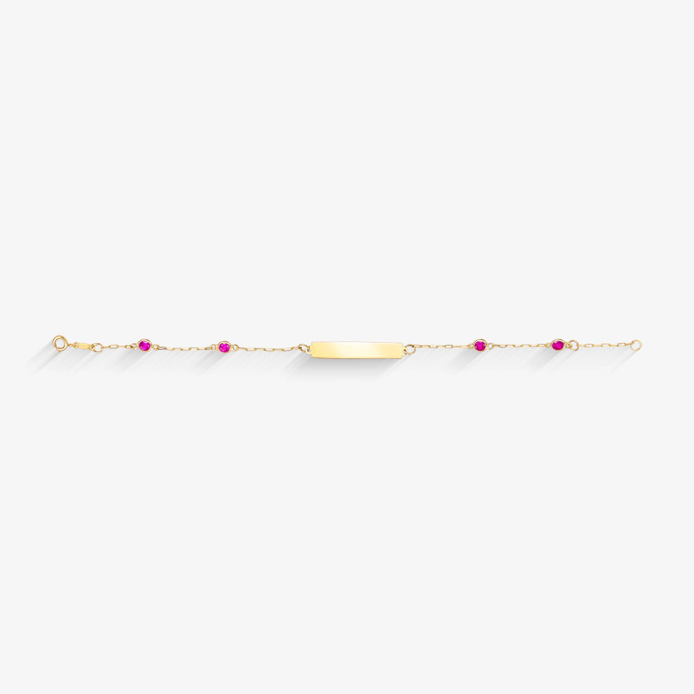 Pulseira Infantil Chapa com Pedra Rosa em Ouro Amarelo 18K